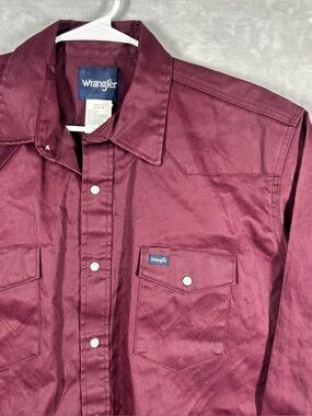 Wrangler Shirt Mens XL Maroon 100% Cotton Brushpopper Cowboy Western Pearl Snap